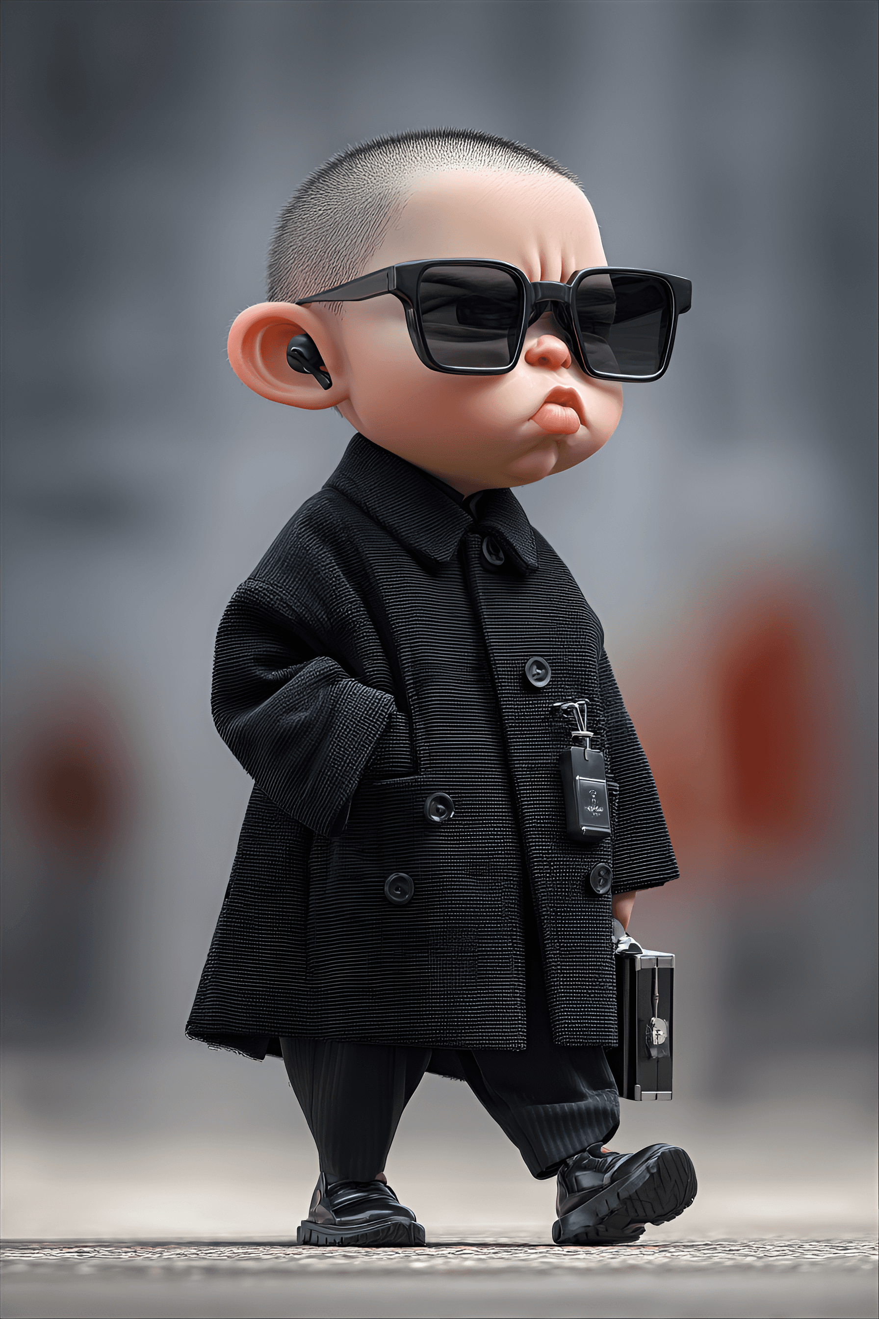 AI generated: funny caricature, tiny secret agent character, male, 2 years old, serious, determined, miniature, ex...
