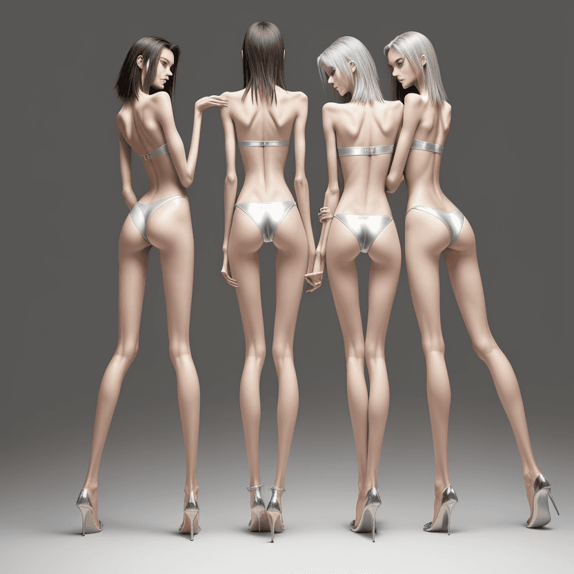 AI generated: photo of three an extremely skinny, flat-chested models with extreme long and skinny legs with extre...