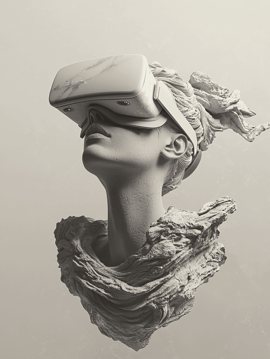AI generated: 
symetric shot of a monochromatic statue of the head of a woman looking up and wearing vr glasses
...