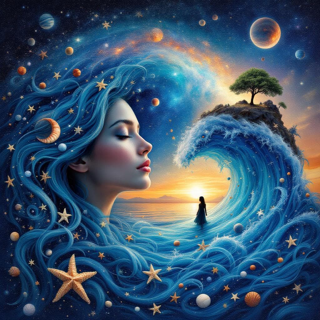 AI generated:  a woman with flowing azure hair adorned with seashells and starfish.  Her hair transforms into an o...