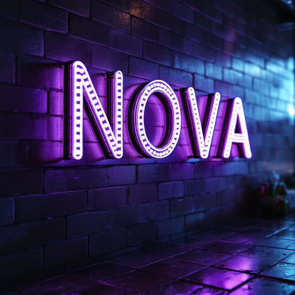 AI generated: hyper realistic led tube writing in a bar with brick tiles slanted from the side with the text - NOV...