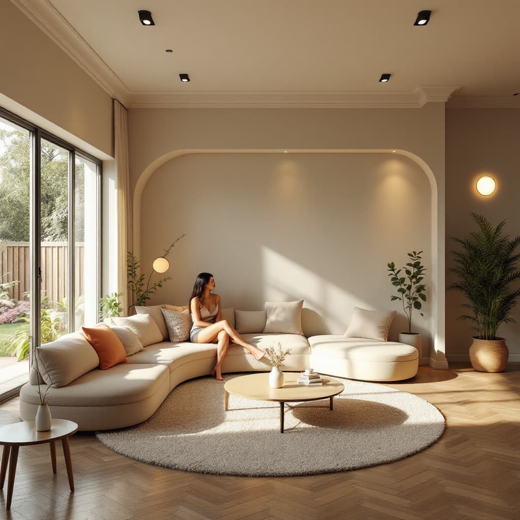 AI generated: High resolution photography interior design, dreamy sunken living room conversation pit, wooden floo...