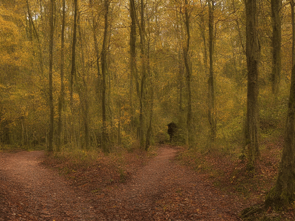AI generated:  deep in a dense forest, shafts of late aftenoon sunlight coming through the leaves of ancient trees...