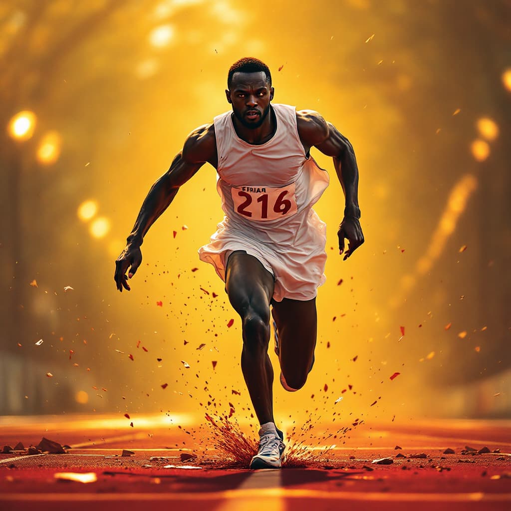AI generated: a lonely black African  tired runner finishes by tearing the finish line with his body, his jersey i...