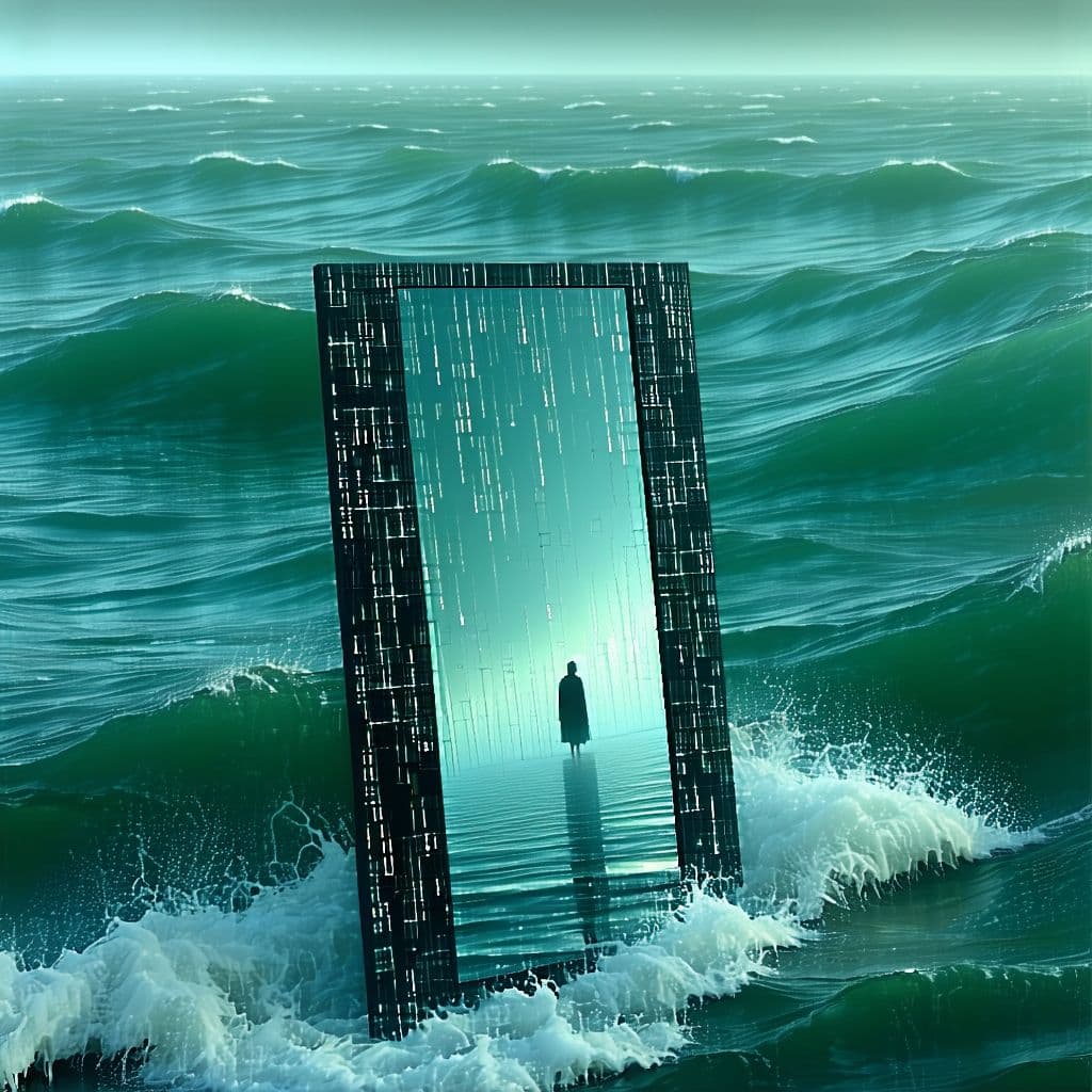 AI generated: A colossal mirror floats above a misty ocean, anchored by thoughts. A pilgrim made of moss, wires, a...