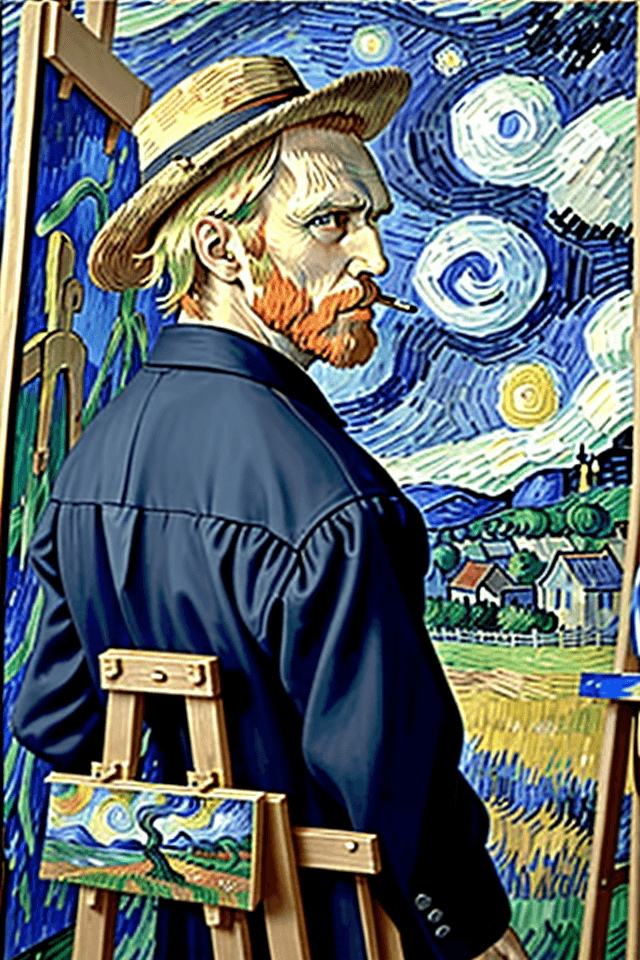 AI generated: Side view Portrait of van Gogh standing in front of easel and painting in Gauguin style, France vill...