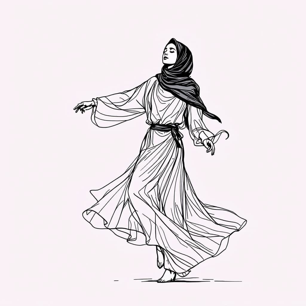 AI generated: minimalist line art drawing of an Iranian Muslim girl, with the atmosphere of U-turn song by Aron Ba...