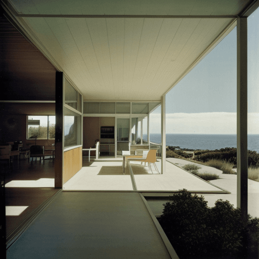 AI generated: Hyper realistic eye level exterior photo of a mid century modern style house overlooking the ocean, ...