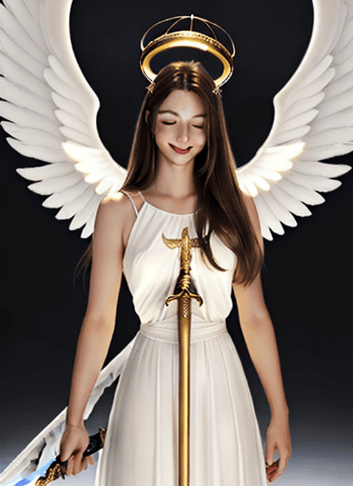 AI generated: a femine angel, tall, long brown hair, closed eyes, a light smile, white dress, big white wings, a h...
