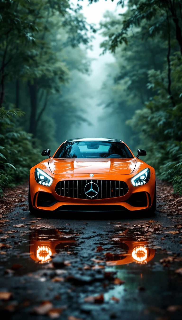 AI generated: High automotive symmetrical close-up portrait shoot of a neon orange mercedes-amg GT standing in the...