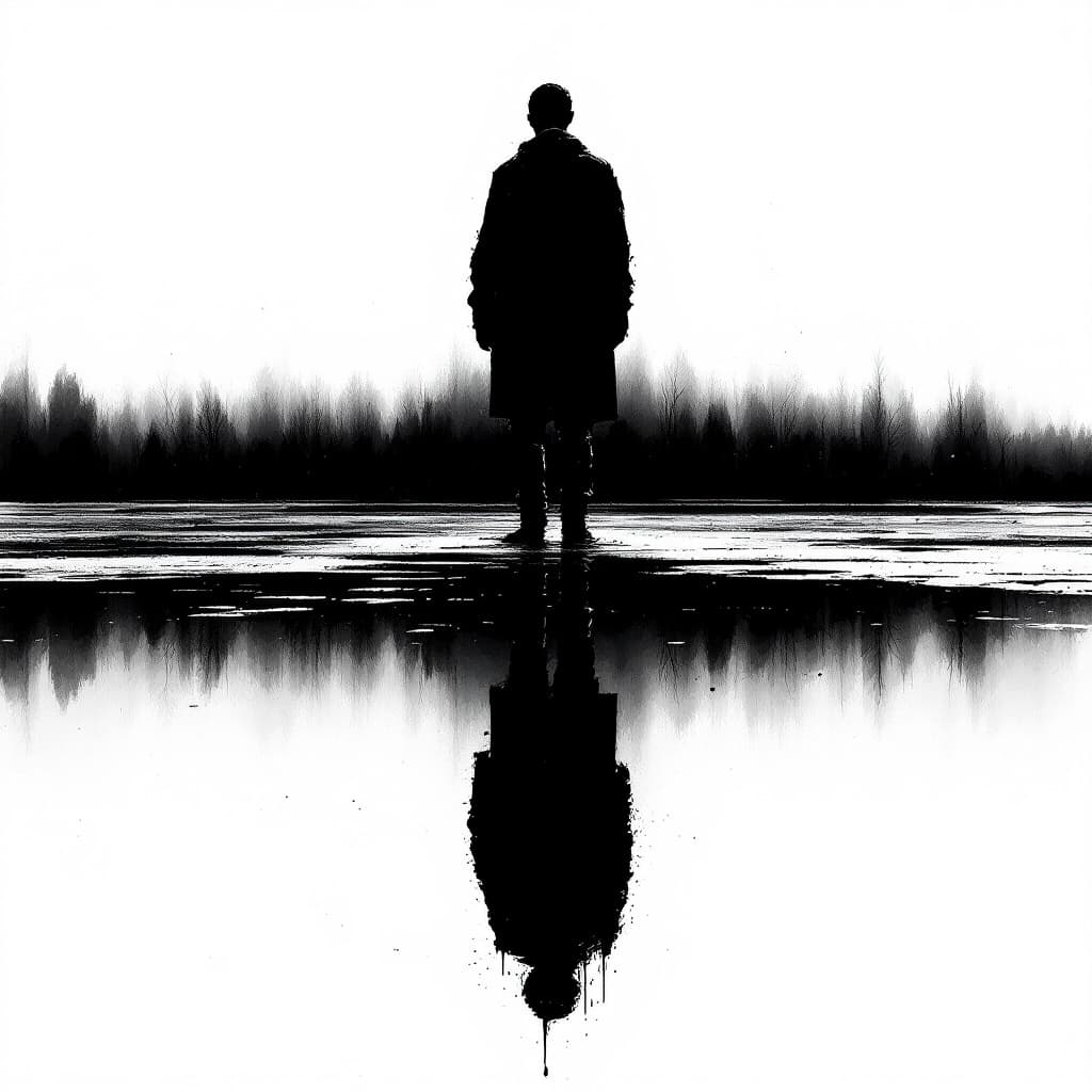 AI generated: lone figure standing at the edge of a still water body, perfectly reflected below, the reflected fig...
