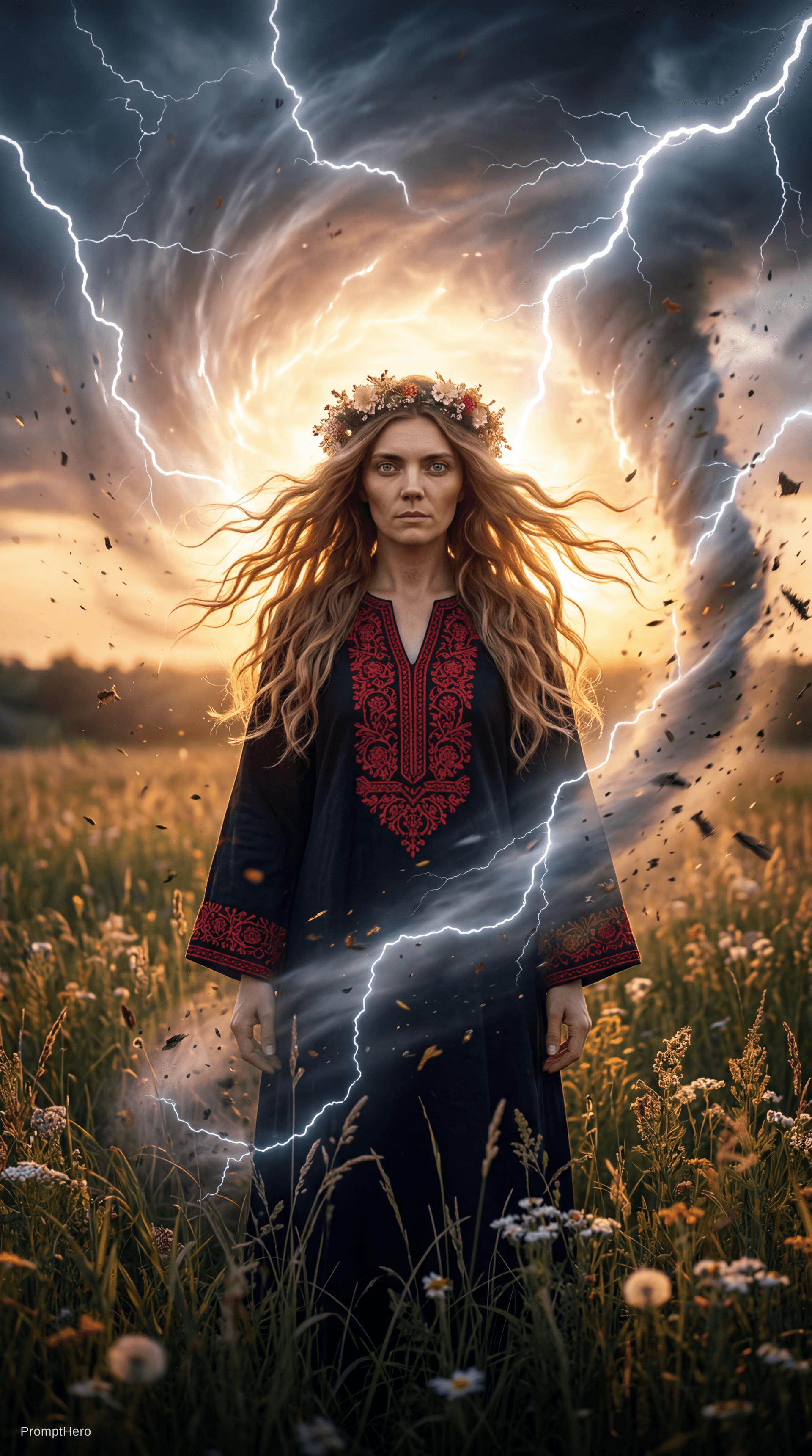 AI generated:  A young goddess with long wavy hair, standing in a flower field of tall grass. She is wearing a dar...