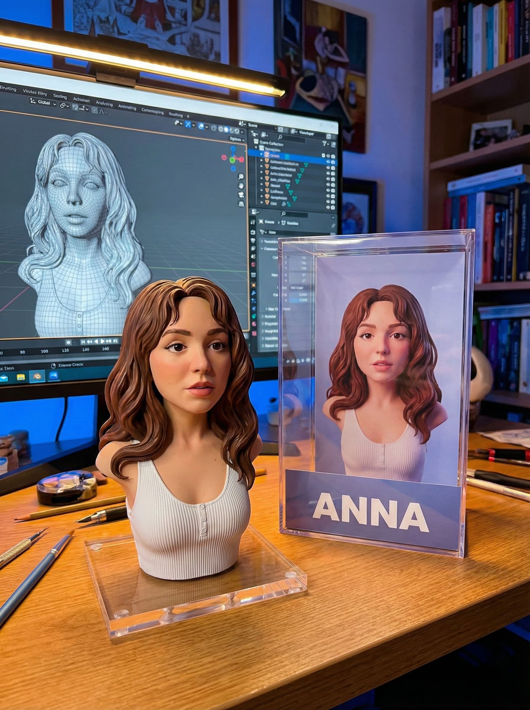AI generated: Transforming the photographed person into a realistic 3D figurine in front of a computer desk.The co...