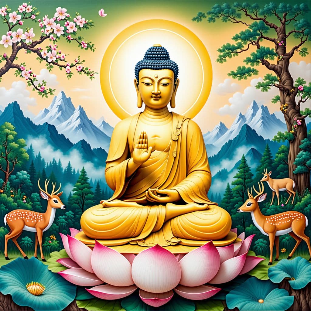 AI generated: A divine depiction of Lord Buddha seated cross-legged on a lotus flower in a serene and vibrant sett...