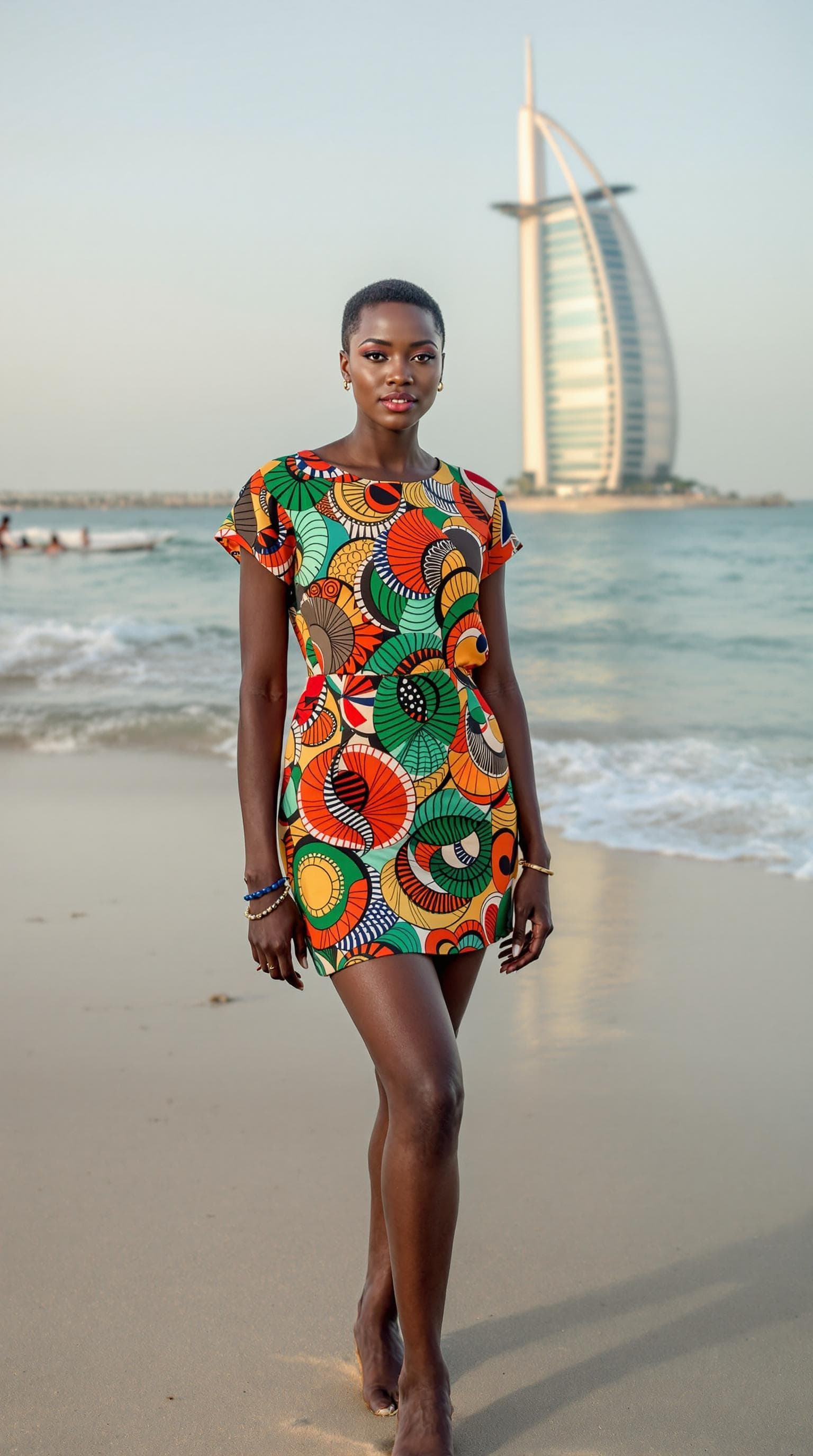 AI generated: 3. Afrikanische Königin am Strand von Jumeirah**  
Eine afrikanische Frau mit kurzem, krausem Haar t...