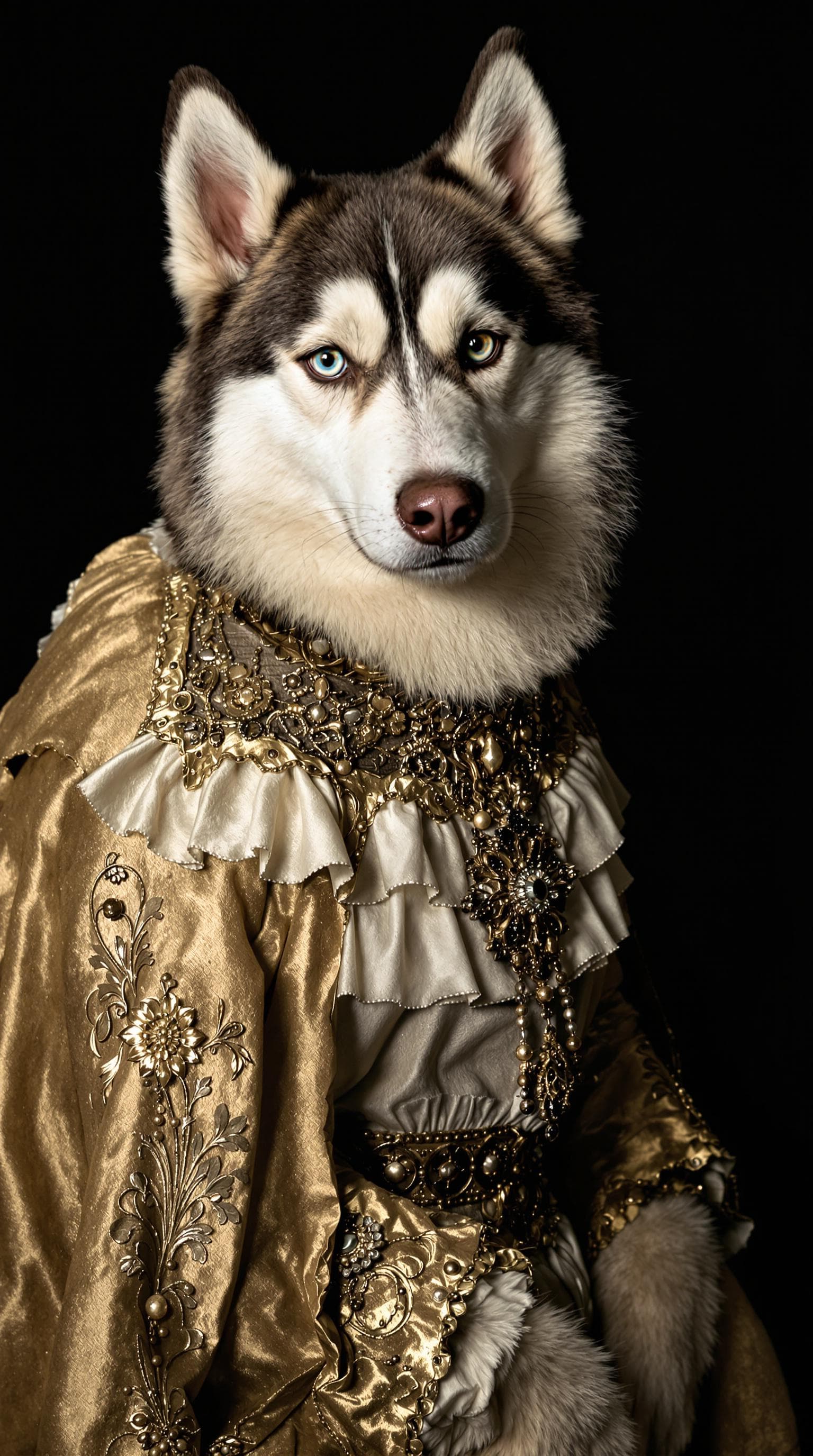 AI generated: Siberian Husky, renaissance costume, ruff collar, golden robe, studio portrait, noble demeanour, det...