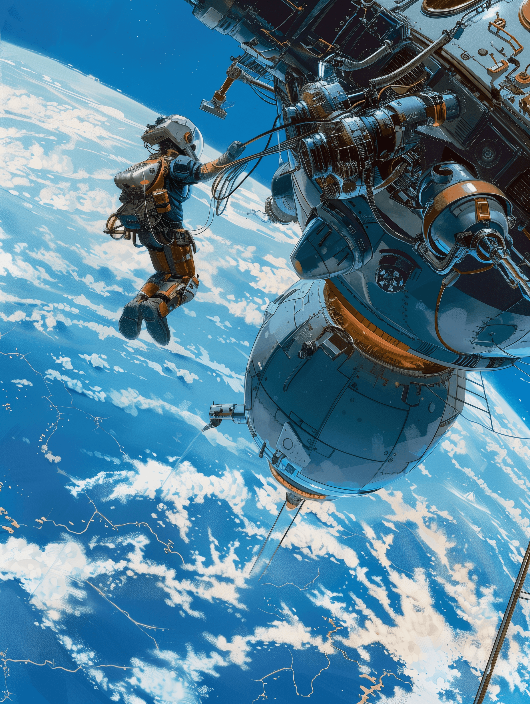 AI generated: A man is climbing on top of an alien robot that is hanging from the edge of a space station in orbit...