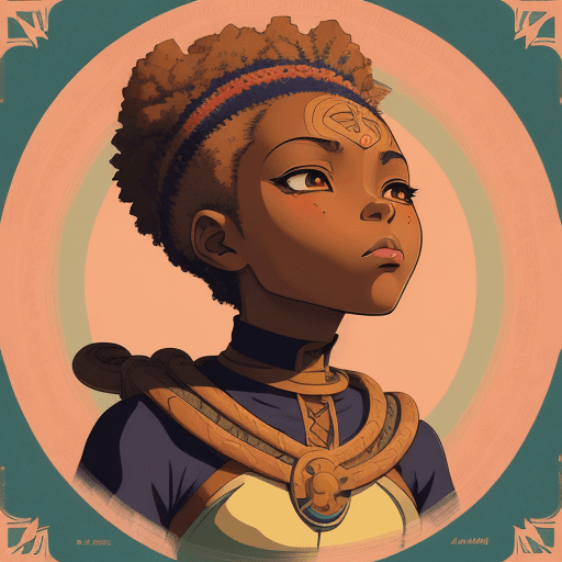 AI generated: a anime portrait of  african american  girl warrior,6 colors, album cover art,  an elegant  , africa...