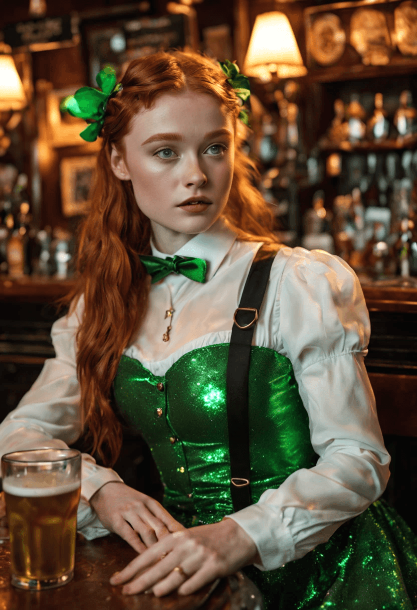 AI generated: Sadie Sink in a seductive St. Patrick outfit with satin suspenders, shiny,glitter and shimmer, highl...