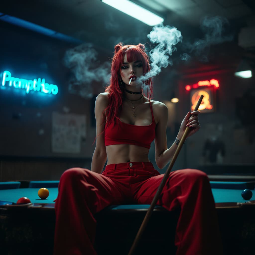 AI generated: Dramatic photo, visual tension, anthropomorphic ,pertty female,wearing red casual wear, holding a po...