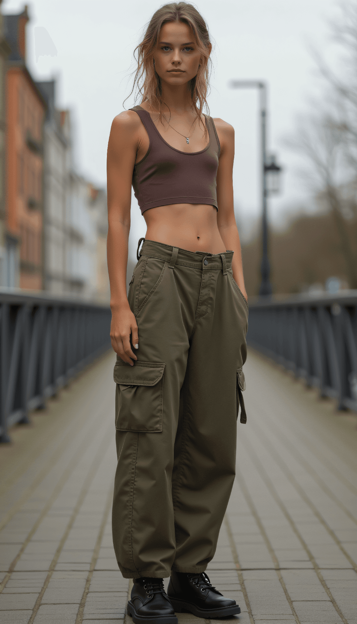 AI generated: Fashion photo of a Androgynous female model with athletic build wearing cropped tank top and loose u...