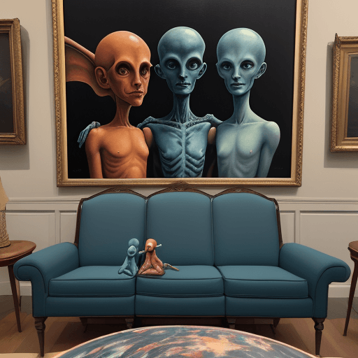 AI generated: **the painting shows four aliens y un hombre calvo,de barba blanca y anteojos recetados sitting on a...