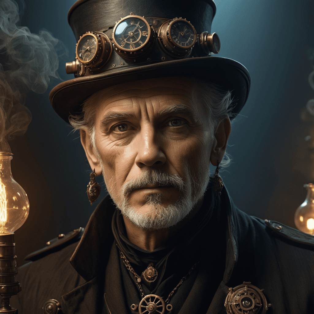 AI generated: an older man, in the style of steampunk, atompunk, aaron jasinski, intense lighting and shadow, baro...