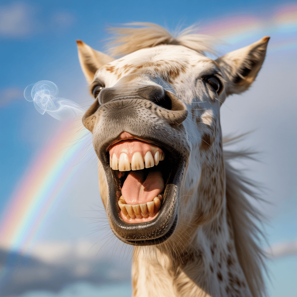 AI generated: Close-up portrait of a laughing horse, extreme close-up with a large exaggerated face filling most o...