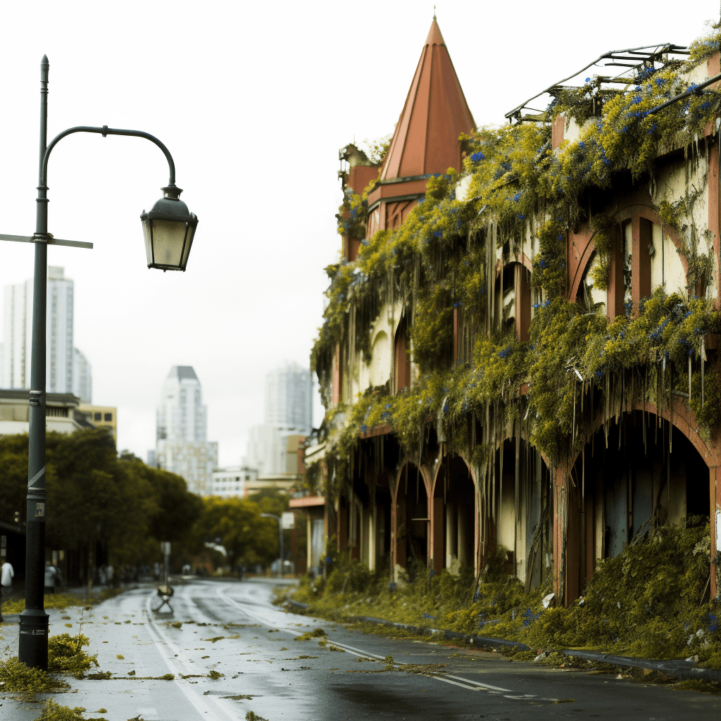 AI generated: a photo of city that has been abandoned and overtaken by nature. The buildings are crumbling and cov...