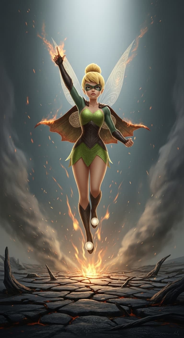 AI generated: Envision a fully body portrait of  tinker bell flying upward  as   super hero rising from the ashes,...