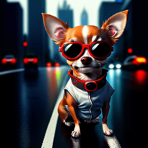 AI generated: Chihuahua dog, red, one eye blue, the other brown, wearing a virtual glasses , and a cool shirt, sta...