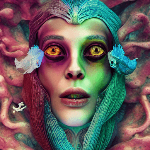 AI generated: Goddess close-up portrait ribcagel. jellyfish phoenix head, nautilus, orchid, skull, betta fish, bio...