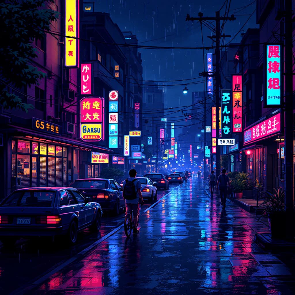 AI generated: Street of the 80s. At night. A lot of neon. Without people. No cars. Rain. Pixel Art Style