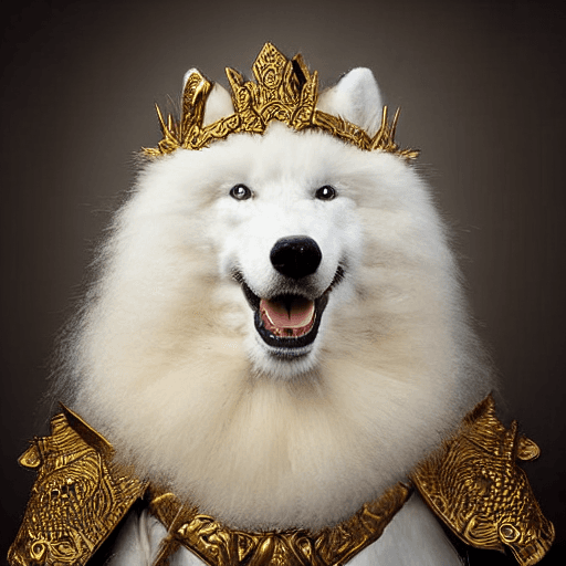 AI generated: anthropomorphic ancient Samoyed warrior (long haired, wind, epic fur, gold and diamond armor). Baryt...