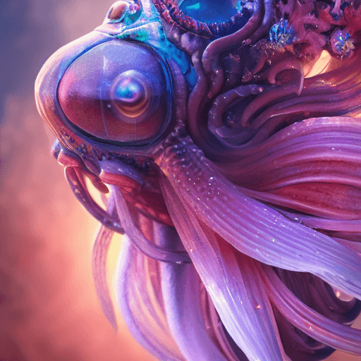 AI generated: goddess close-up portrait ribcagel. jellyfish phoenix head, nautilus, orchid, skull, betta fish, bio...