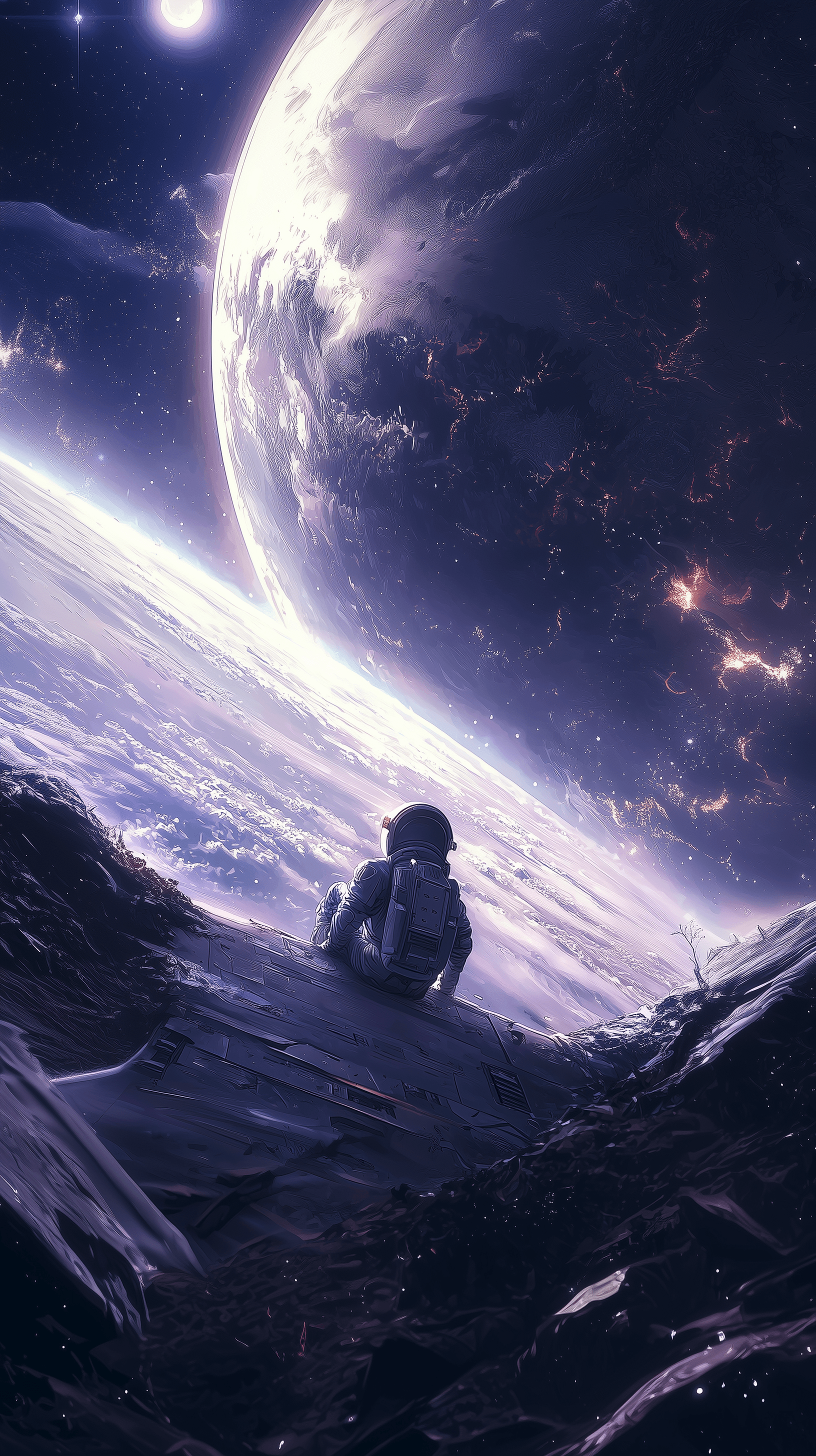 AI generated: illustration, sci-fi concept, small futuristic astronaut sitting at the threshold of a gigantic spac...