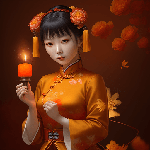 AI generated: chinese woman dressed in oriental with a candle, in the style of dark orange and gold, romantic depi...