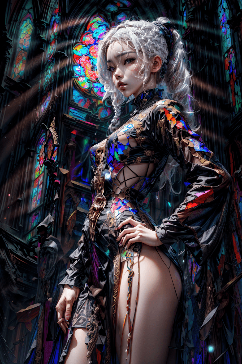 AI generated: (stained glass dress:1.5), (beautiful young Korean woman, with white hair in a braided ponytail, han...