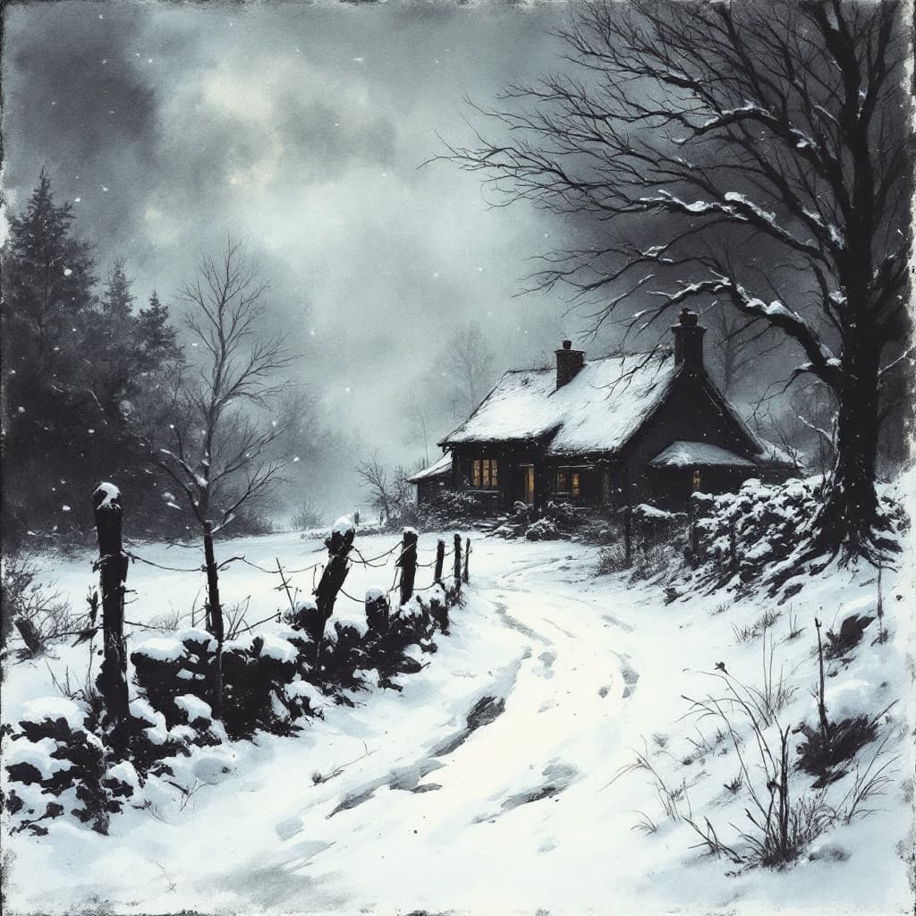 AI generated: artistic and abstract wet ink, charcoal sketch of snow covered home, december, night, howling wind, ...