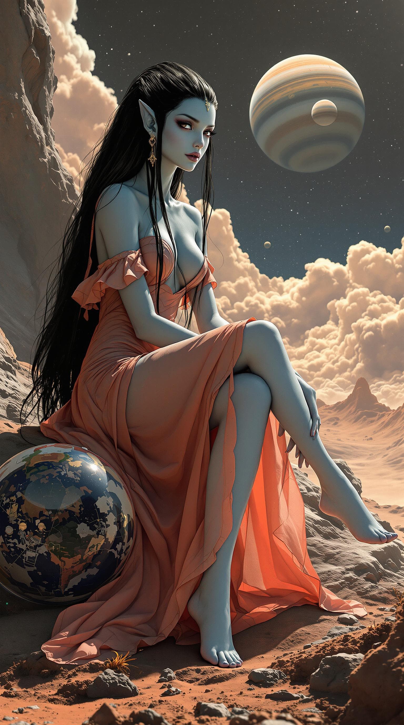 AI generated: full body view of a beautiful alien princess, long black hair, light red dress, sitting, blue skin b...