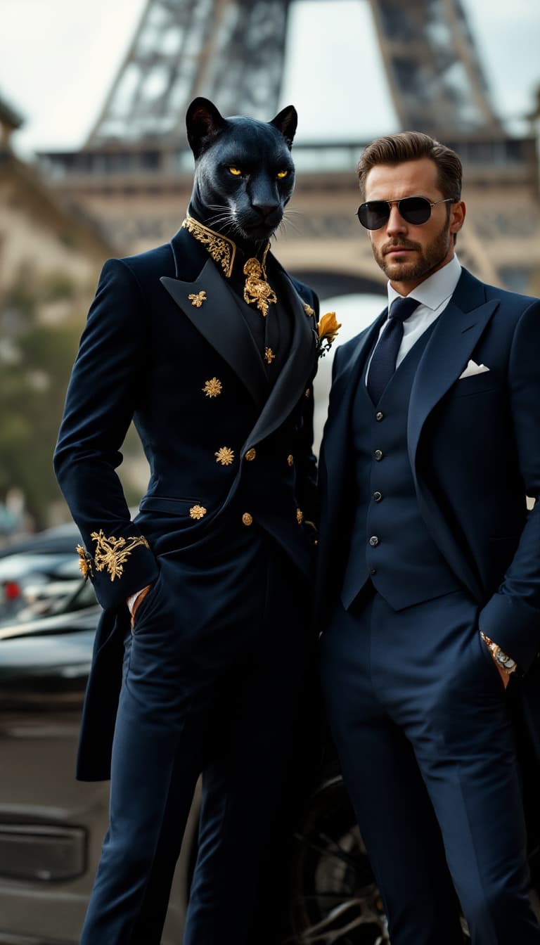 AI generated: A sleek anthropomorphic black panther in a navy-blue tuxedo with gold embroidery, standing beside a ...