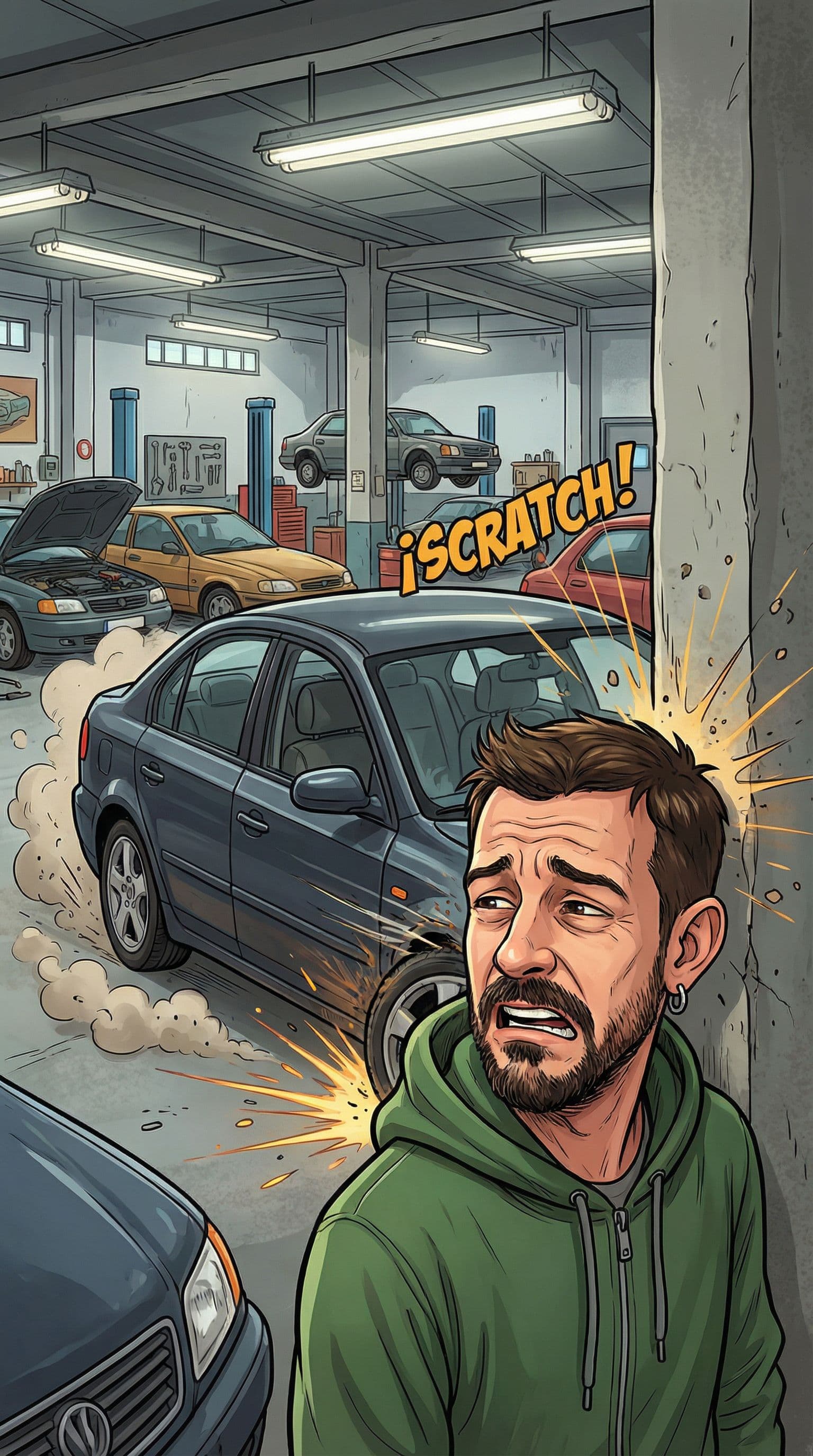 AI generated: Ponme al tipo de referencia pegándole un buen rozón contra una columna a un coche en un garaje. Cart...