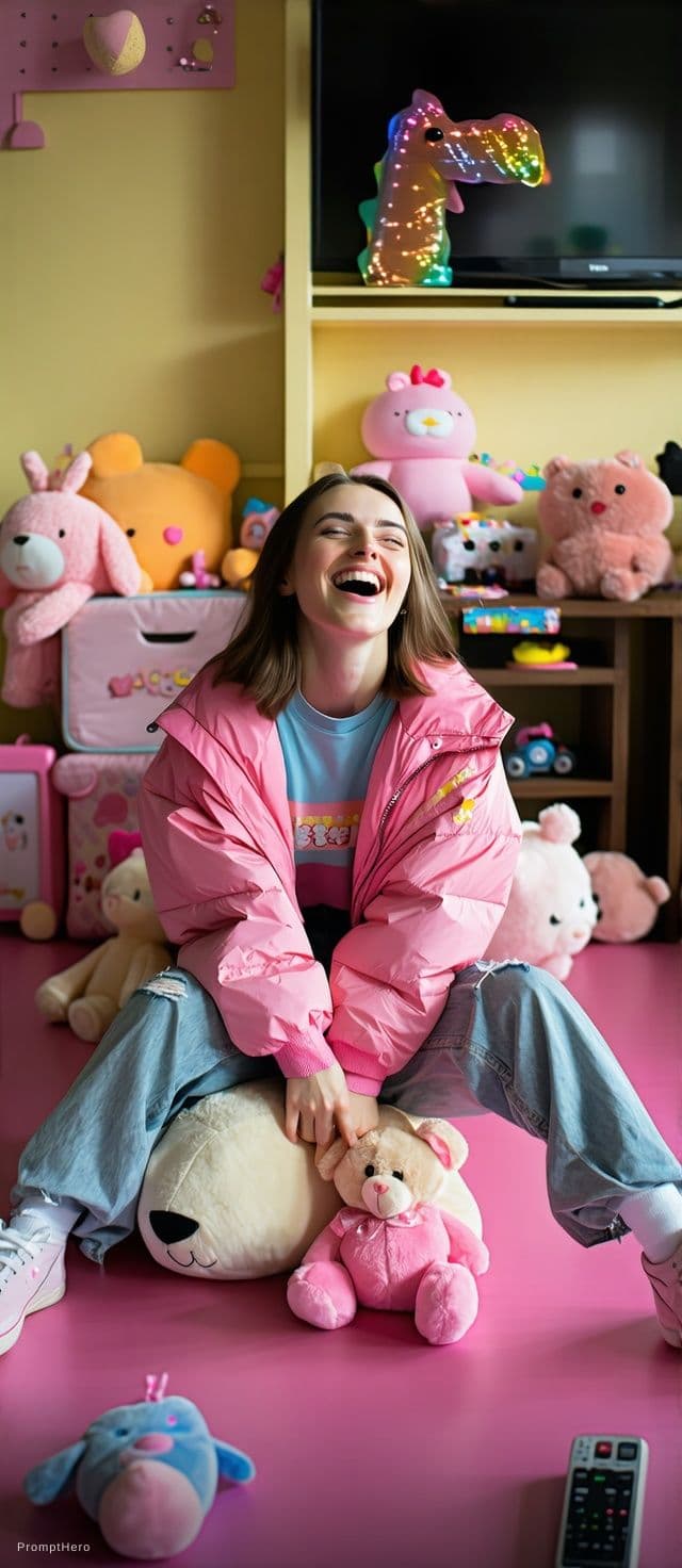 AI generated:  young woman,lingeriemodel,sitting on a chair laughthing,blink,pink,toys and stuffed animals,younges...