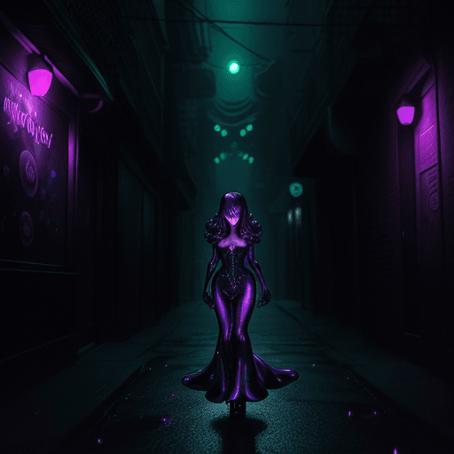 AI generated: In the dimly lit alley, a shimmering lunar glam-goth amoeba blob creature oozes with dark elegance. ...