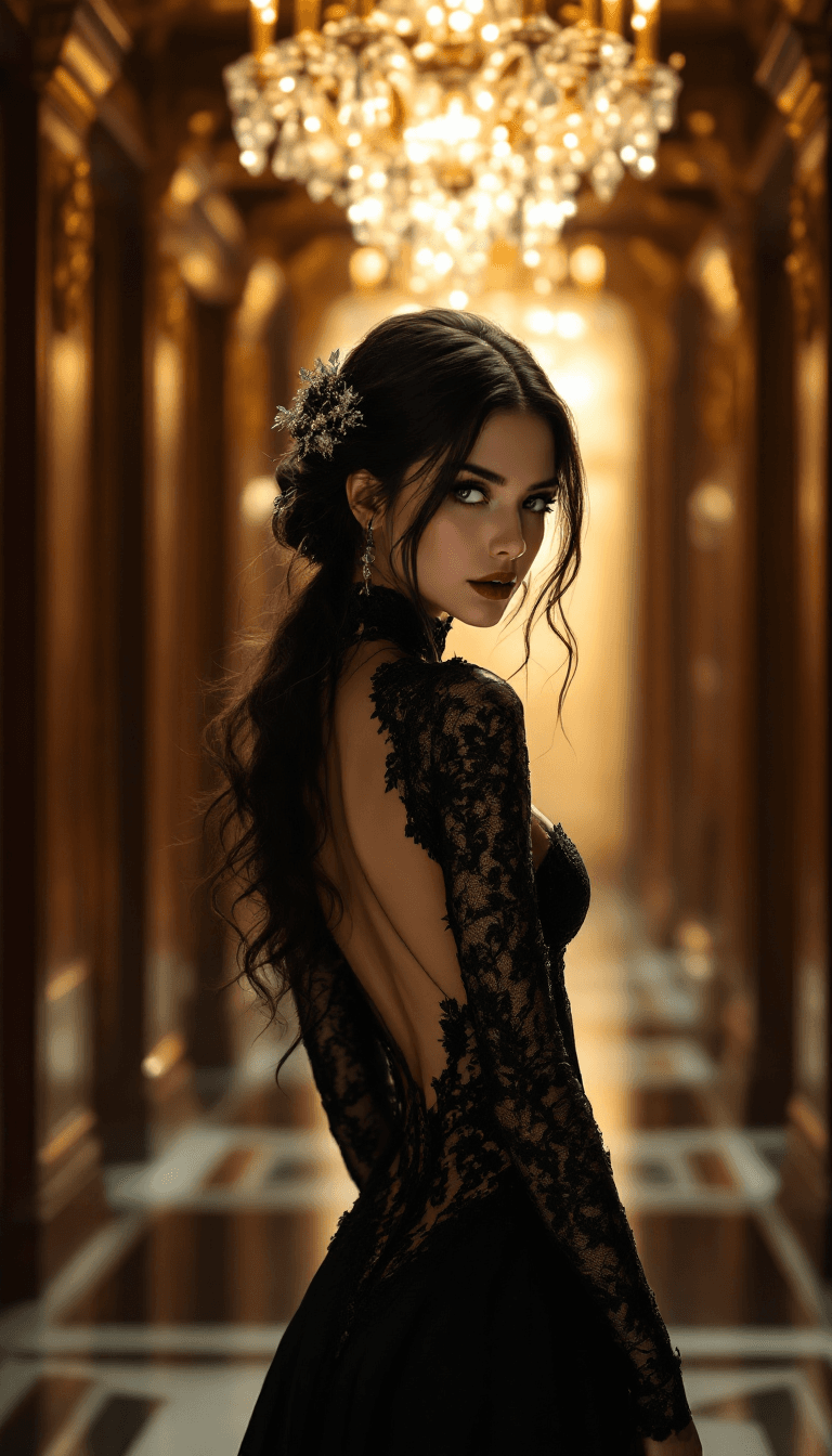 AI generated: A captivating scene of a mysterious and elegant woman in a luxurious hallway. She is wearing a black...