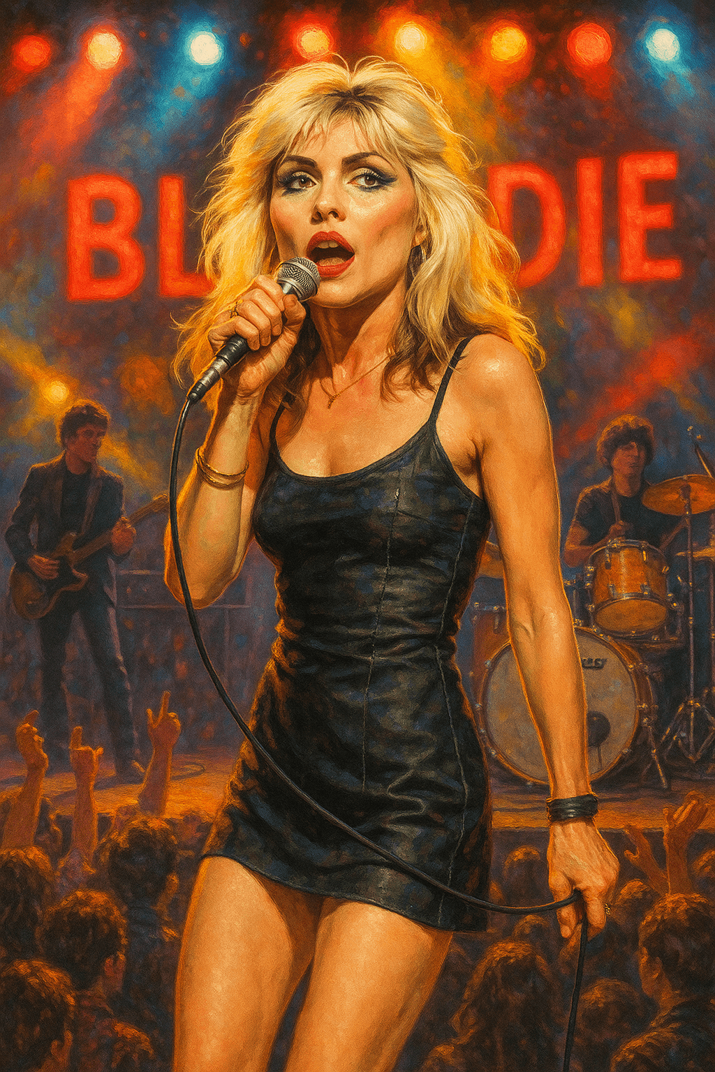 AI generated: Create a highly detailed illustration of Debbie Harry, the iconic lead singer of the band Blondie, p...