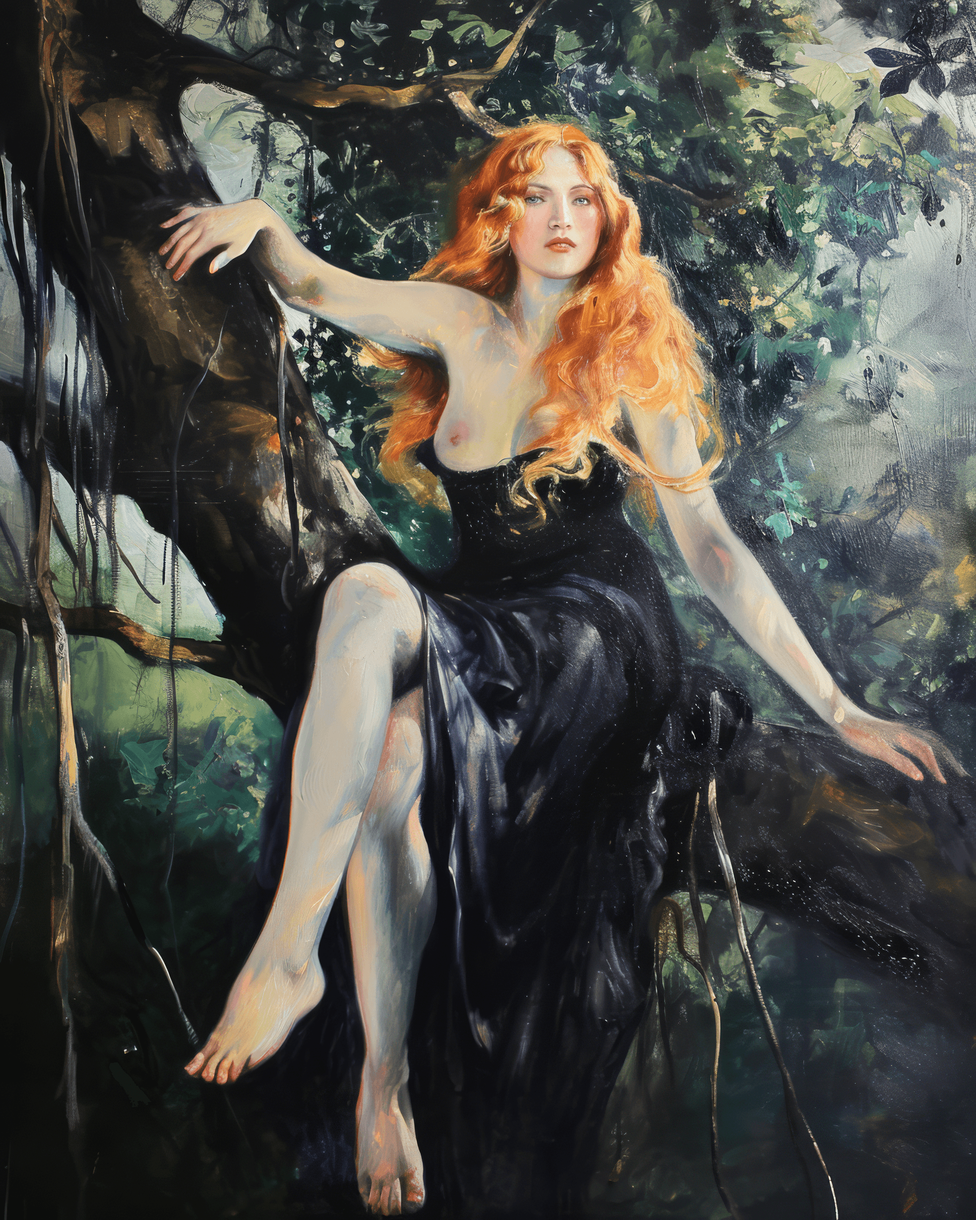 AI generated: An oil painting of a beautiful 1920s aristocrat lady with very long waist-length strawberry blonde h...