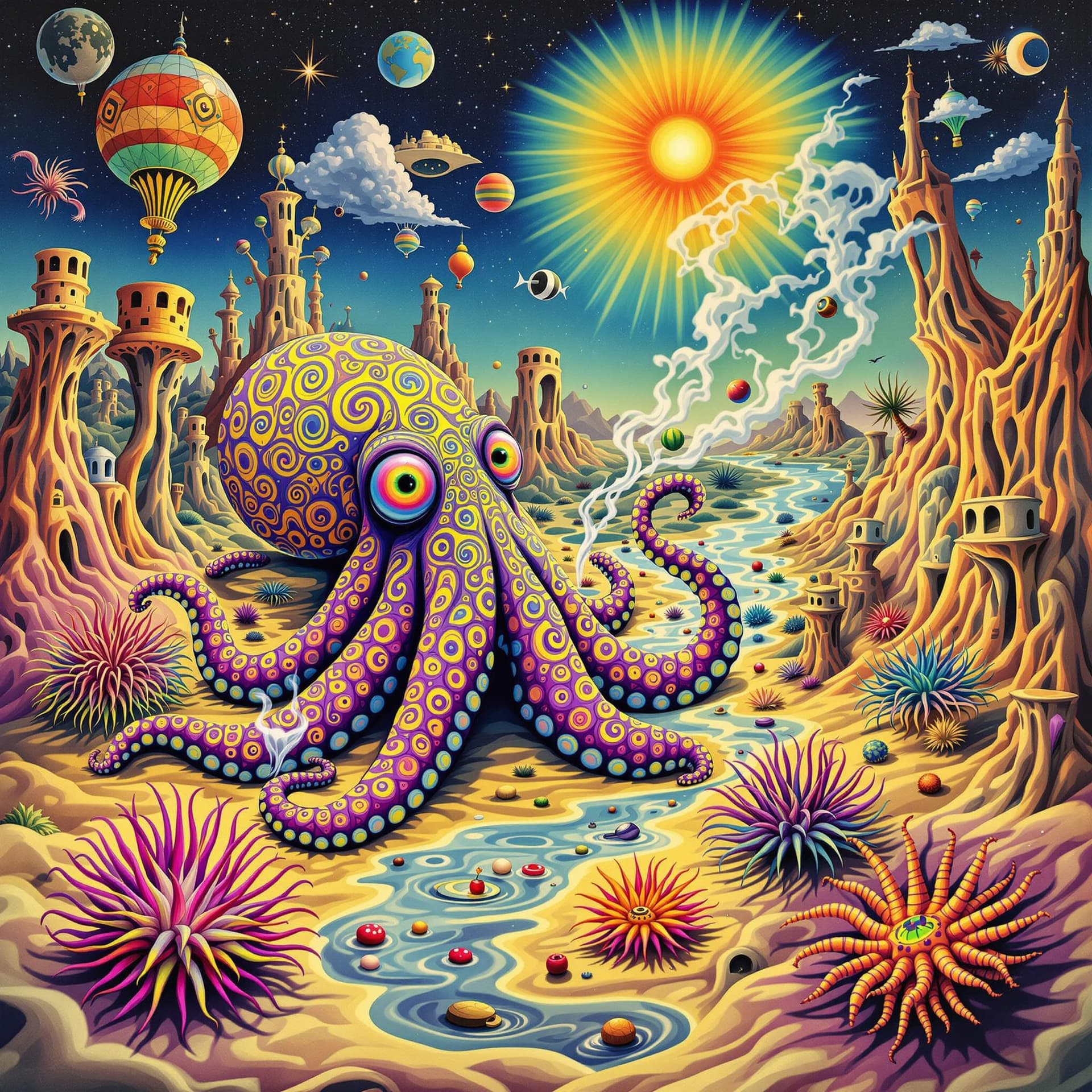 AI generated: Create a trippy, surreal picture in the style of Salvador Dali featuring a psychedelic octopus, sea ...