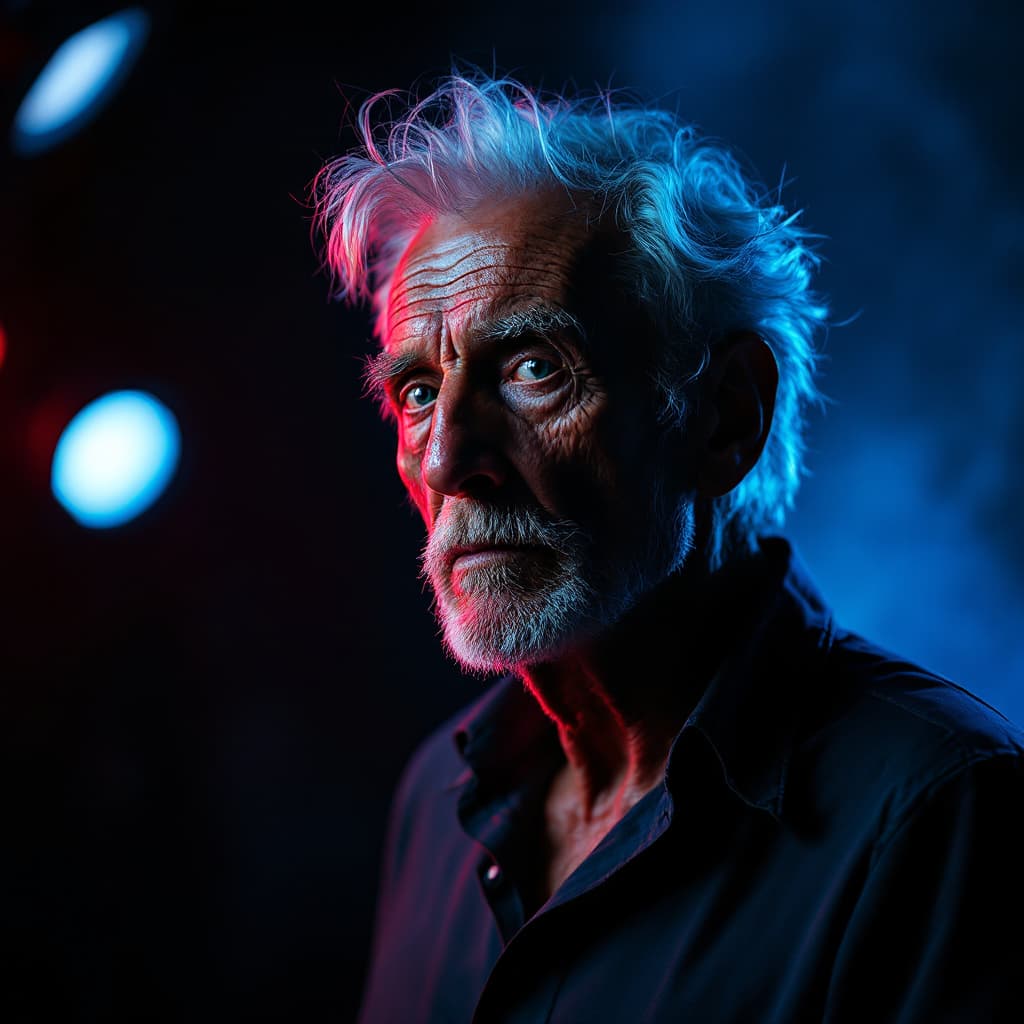 AI generated: fashion editorial, a portrait of old man is studio red and blue lights in style Alain Laboile, highr...
