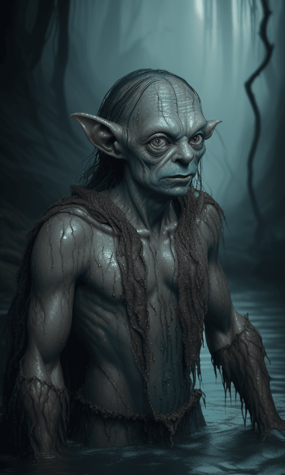 AI generated: glamour shot of Gollum, real aqua man brown costume,Lord of rings, John Tolkien, morbide, dark, very...